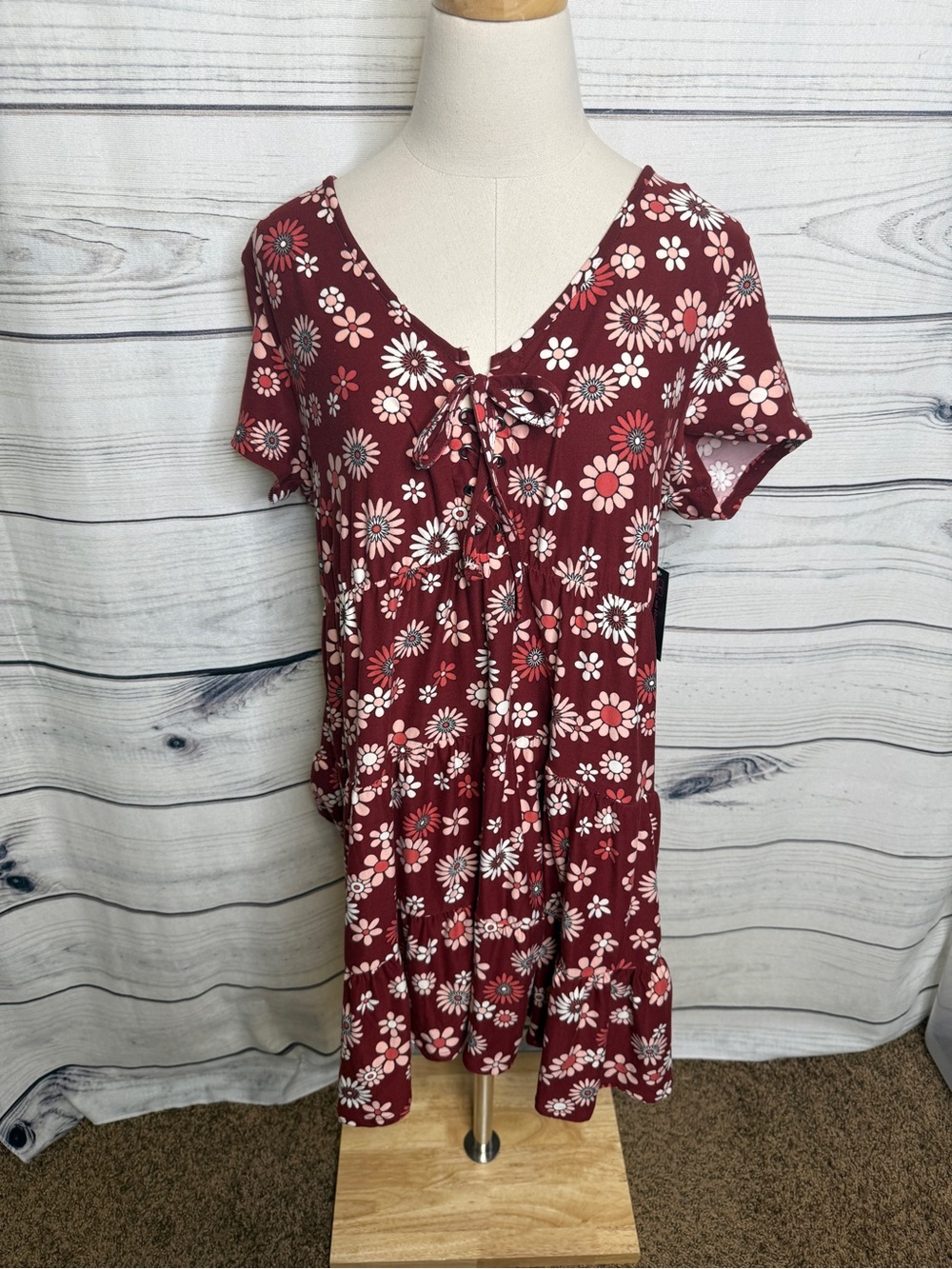 No Boundaries Burgundy Floral Tie-Front Tiered Dress